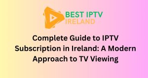 Smart TV screen displaying the diverse channel lineup of BESTIPTV IRISH with a remote control, emphasizing an easy, modern subscription in Ireland.