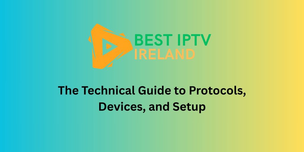 A diagram showing the flow of IPTV data packets from a server, across the internet, to a streaming box (like a Firestick), and finally to a TV screen.