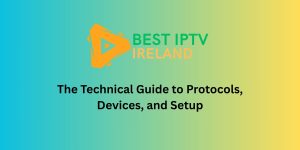 A diagram showing the flow of IPTV data packets from a server, across the internet, to a streaming box (like a Firestick), and finally to a TV screen.