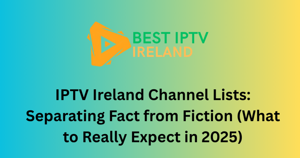 A large, crowded grid of small TV screens representing thousands of IPTV channels, with some screens showing static or question marks, symbolizing the inflated and unreliable IPTV channel lists in Ireland.