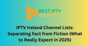 A large, crowded grid of small TV screens representing thousands of IPTV channels, with some screens showing static or question marks, symbolizing the inflated and unreliable IPTV channel lists in Ireland.