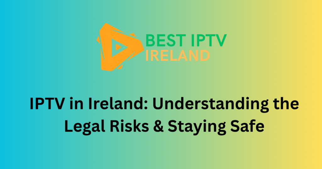 Digital image showing a TV screen with a padlock icon or a warning symbol (like a skull and crossbones) overlaid on a streaming interface, illustrating the legal risks of unverified IPTV in Ireland.