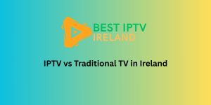 A split image comparing a traditional satellite dish and coaxial cable setup (Traditional TV) on one side with a modern streaming stick (IPTV) connected to a TV on the other.