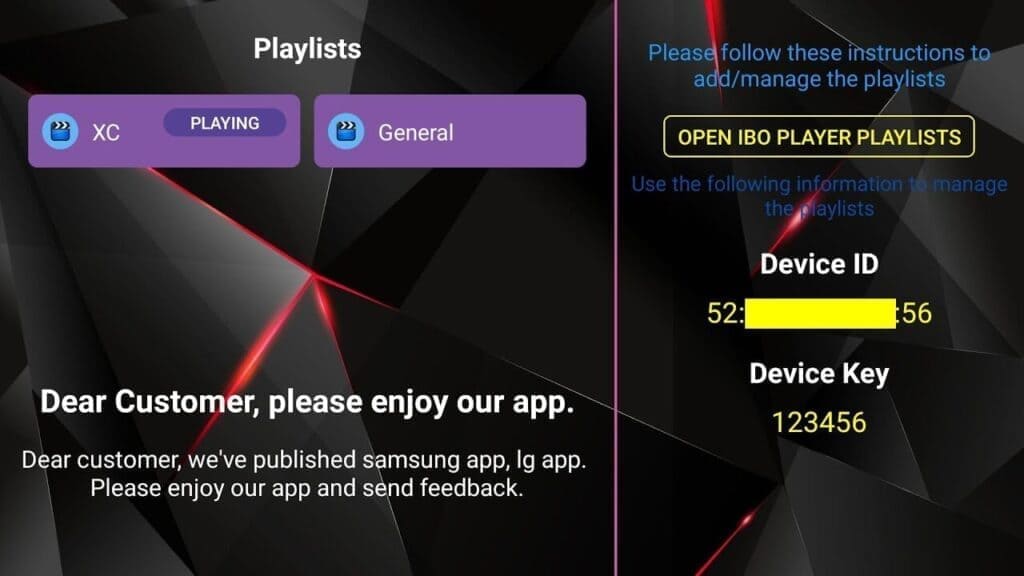 Successful connection screen after login, showing XC and General playlists.
