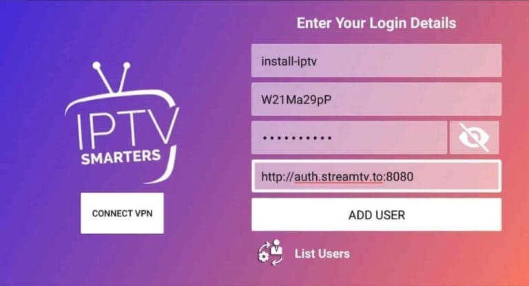 Xtream Codes login fields for Name, Username, Password, and Server URL