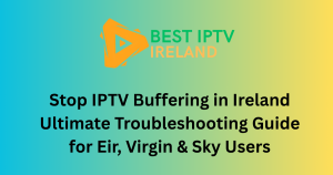 A frustrated person watching a frozen or buffering IPTV stream on a TV screen, with an overlay of a spinning loading icon, troubleshooting common IPTV buffering issues in Ireland.