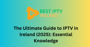 Smart TV screen displaying the IPTV Smarters app interface with Irish and UK channel logos, showing a Firestick remote.