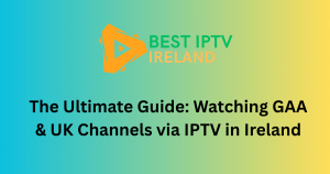 A Smart TV screen displaying split images of a live GAA match and a popular UK TV channel (e.g., BBC News), illustrating how IPTV delivers both types of content in Ireland.