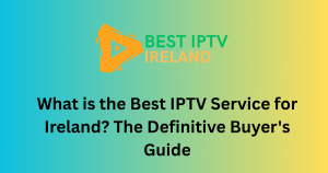 A hand holding a remote control pointing at a TV screen displaying an Electronic Program Guide (EPG) for an IPTV service.