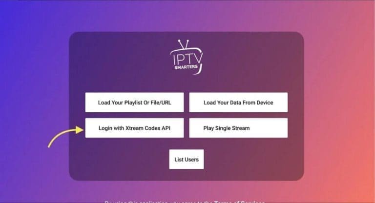 IPTV Smarters App main screen showing option to 'Login with Xtream Codes API'.